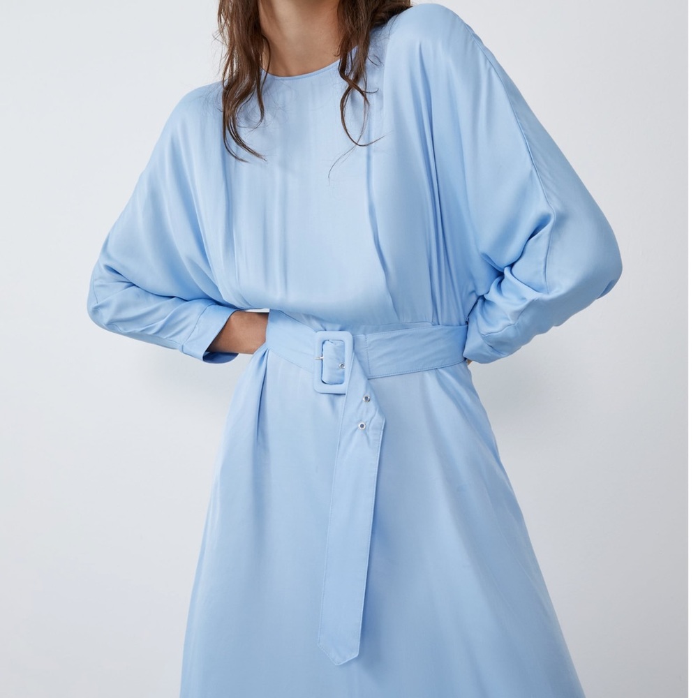 ZARA Baby Blue Belted Satin Effect Midi Dress - Picture 12 of 14